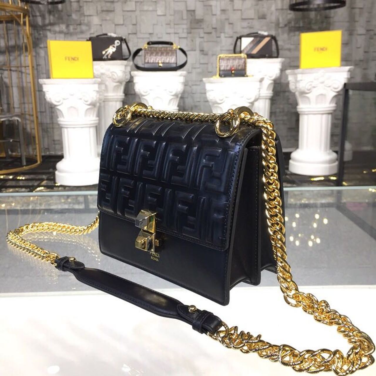 Fendi FF Logo Kan I Bag 9.8in/25cm With Gold Toned Chain Black For Women