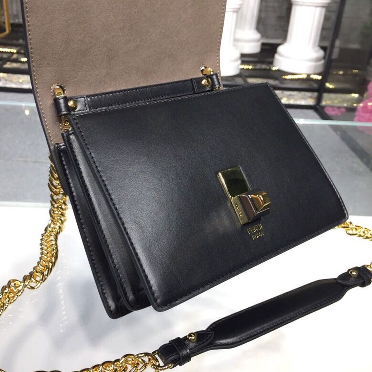 Fendi FF Logo Kan I Bag 9.8in/25cm With Gold Toned Chain Black For Women