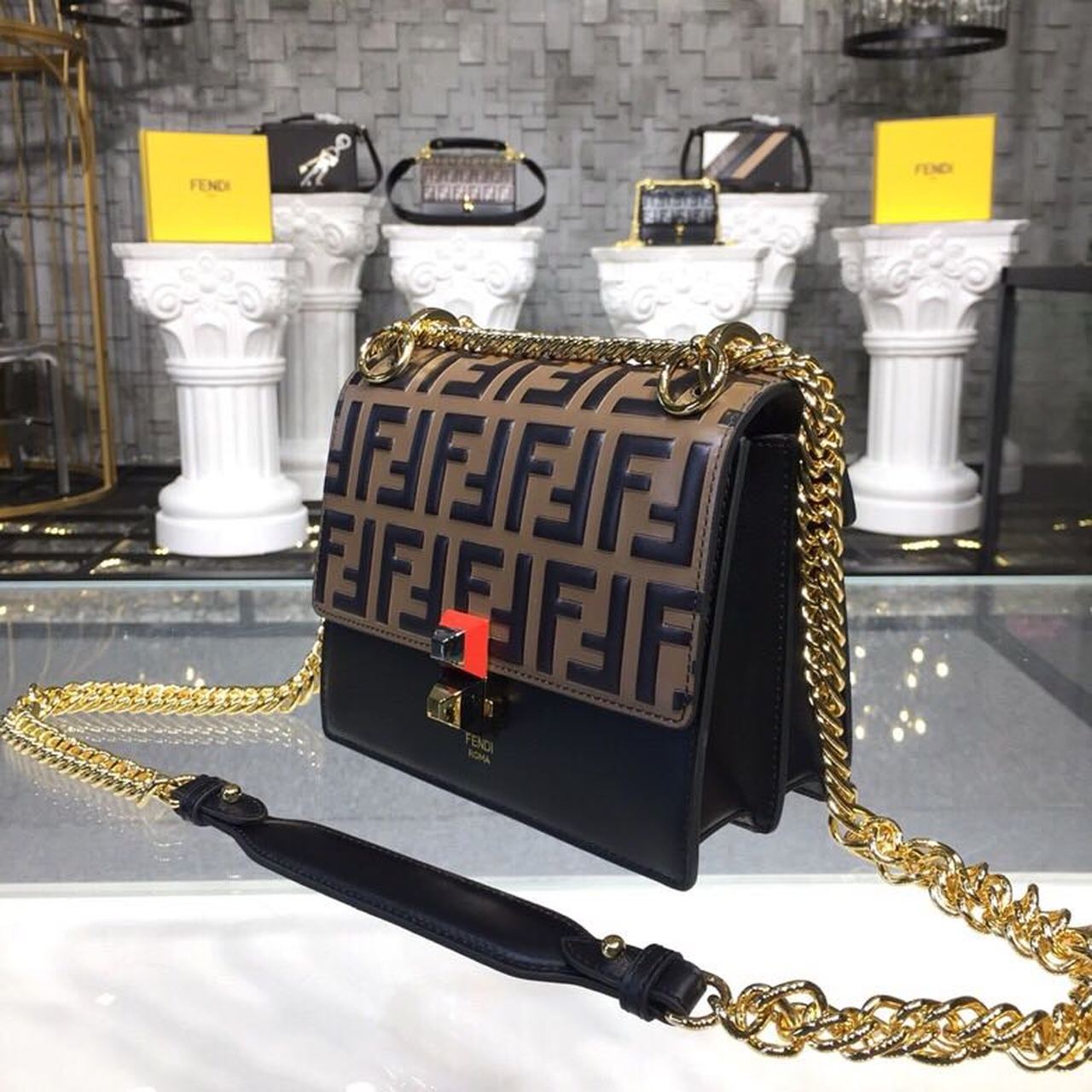 Fendi FF Logo Kan I Bag 7.5in/19cm With Gold Toned Chain Brown/Black For Women