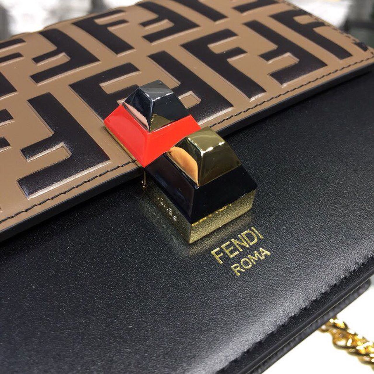 Fendi FF Logo Kan I Bag 7.5in/19cm With Gold Toned Chain Brown/Black For Women