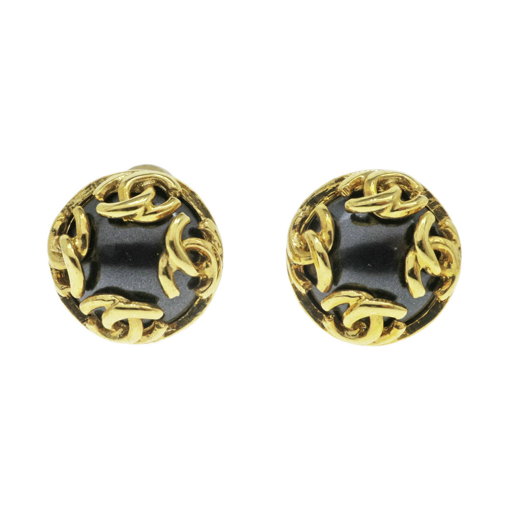 Chanel Earring 95A Round One Pair Coco Mark CC Color Stone Black G Accessoires