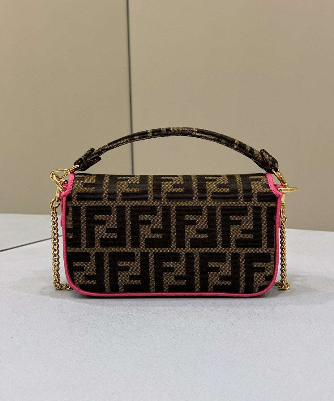 Fendi Baguette Small Brown Fabric Pink Border Bag For Woman 18cm/7in