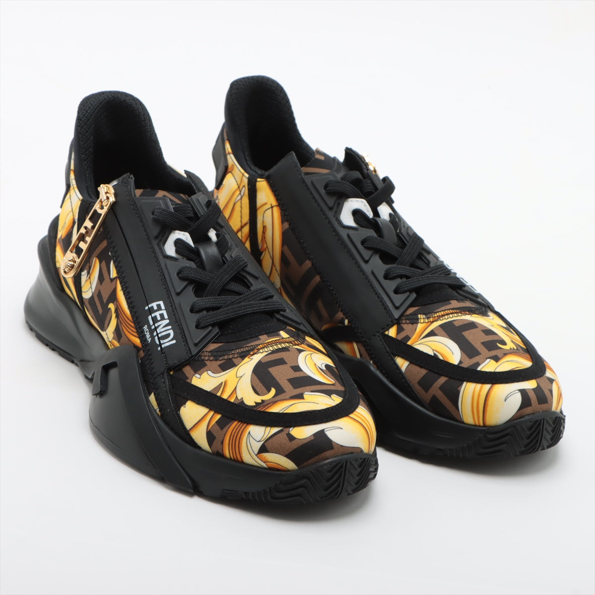 Fendi x Versace Fabric Sneakers 8 Men Black x Yellow Flow Fender Chevrolet