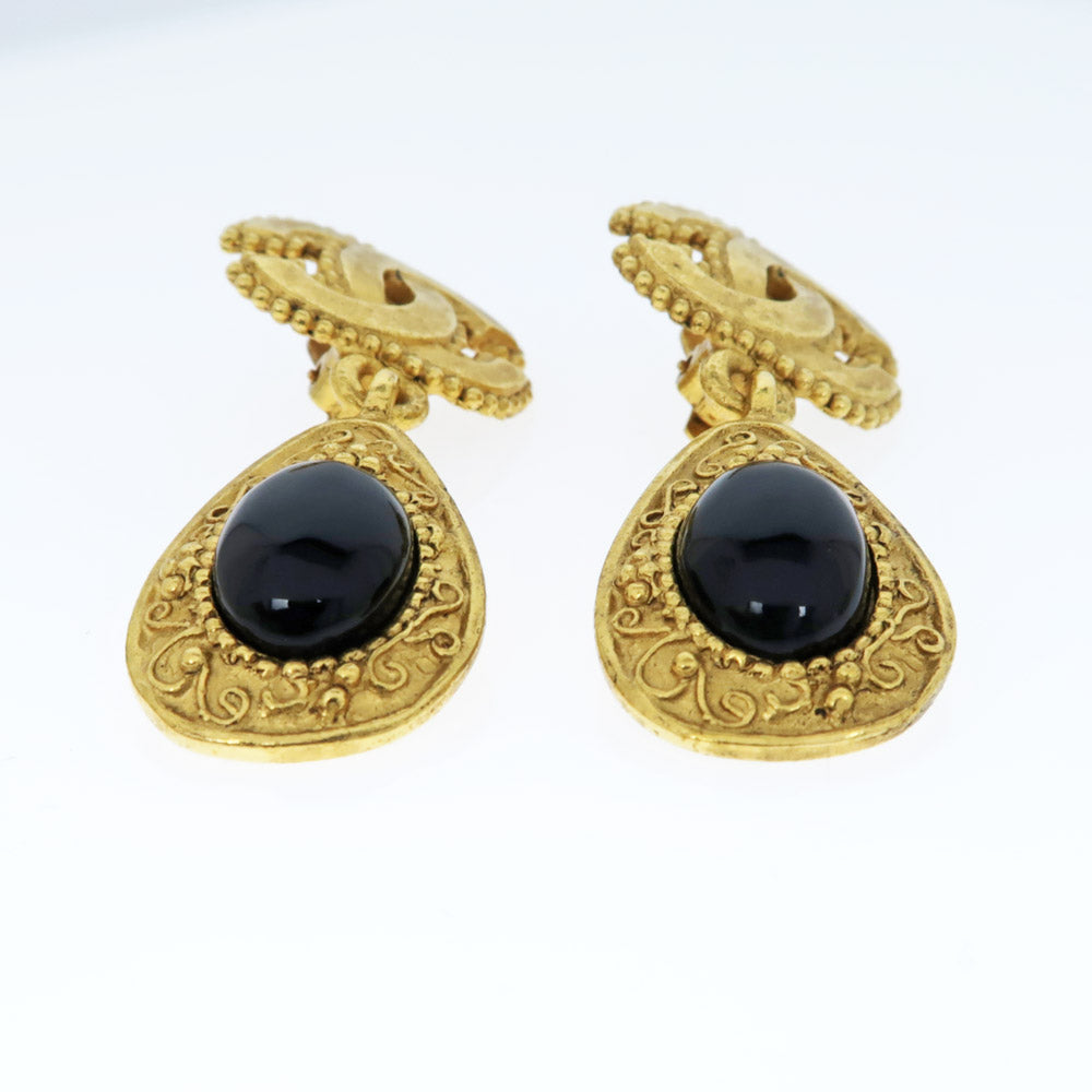 Chanel Earring 96A One Pair Coco Mark CC Color Stone Black G Accessoires