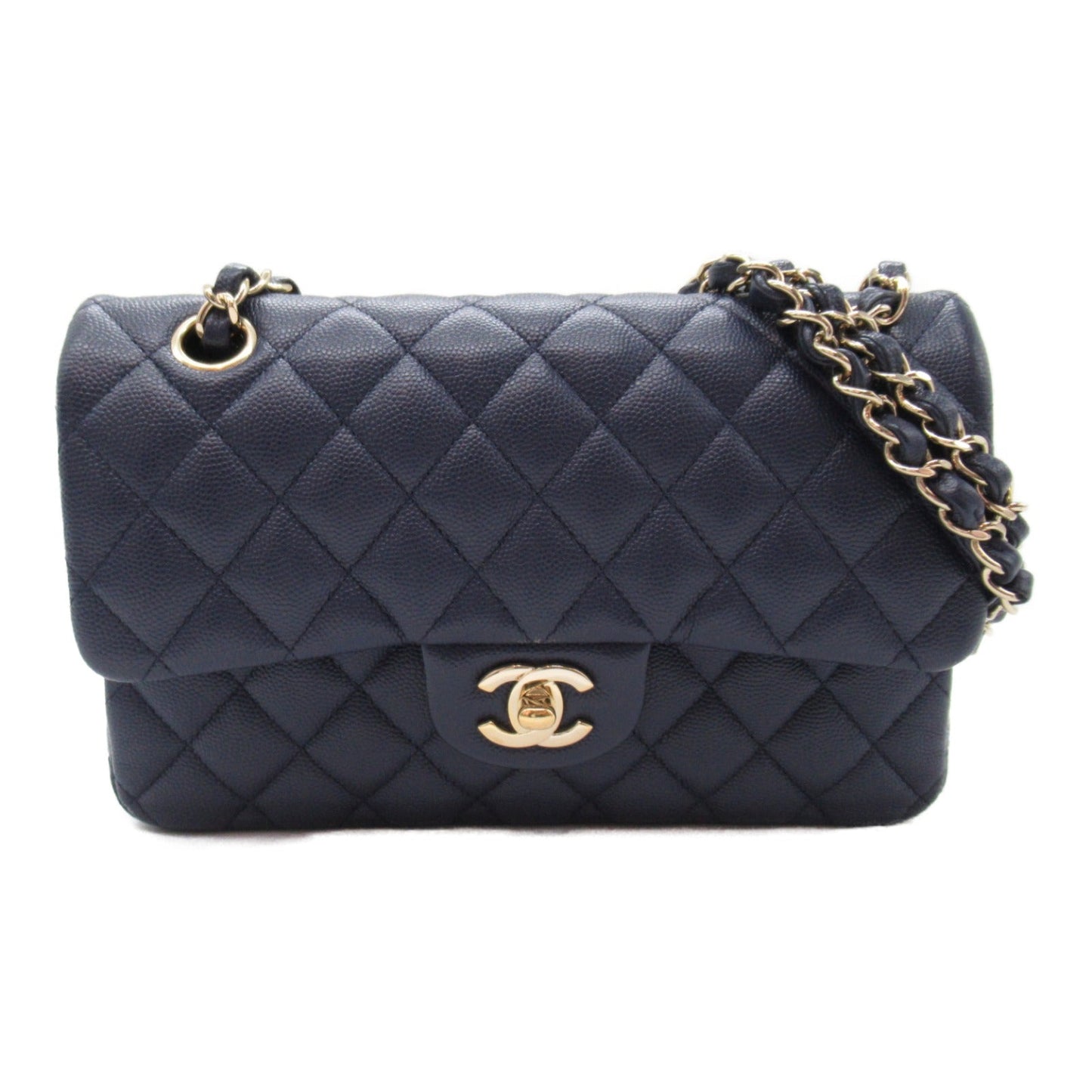 Chanel Double Flap Chain Shoulder Shoulder Bag Caviar S (Green )  Navy System (Band)