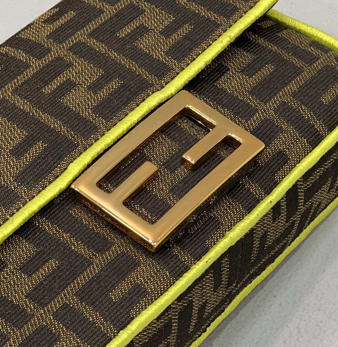 Fendi Baguette Small Brown Fabric Yellow Border Bag For Woman 18cm/7in