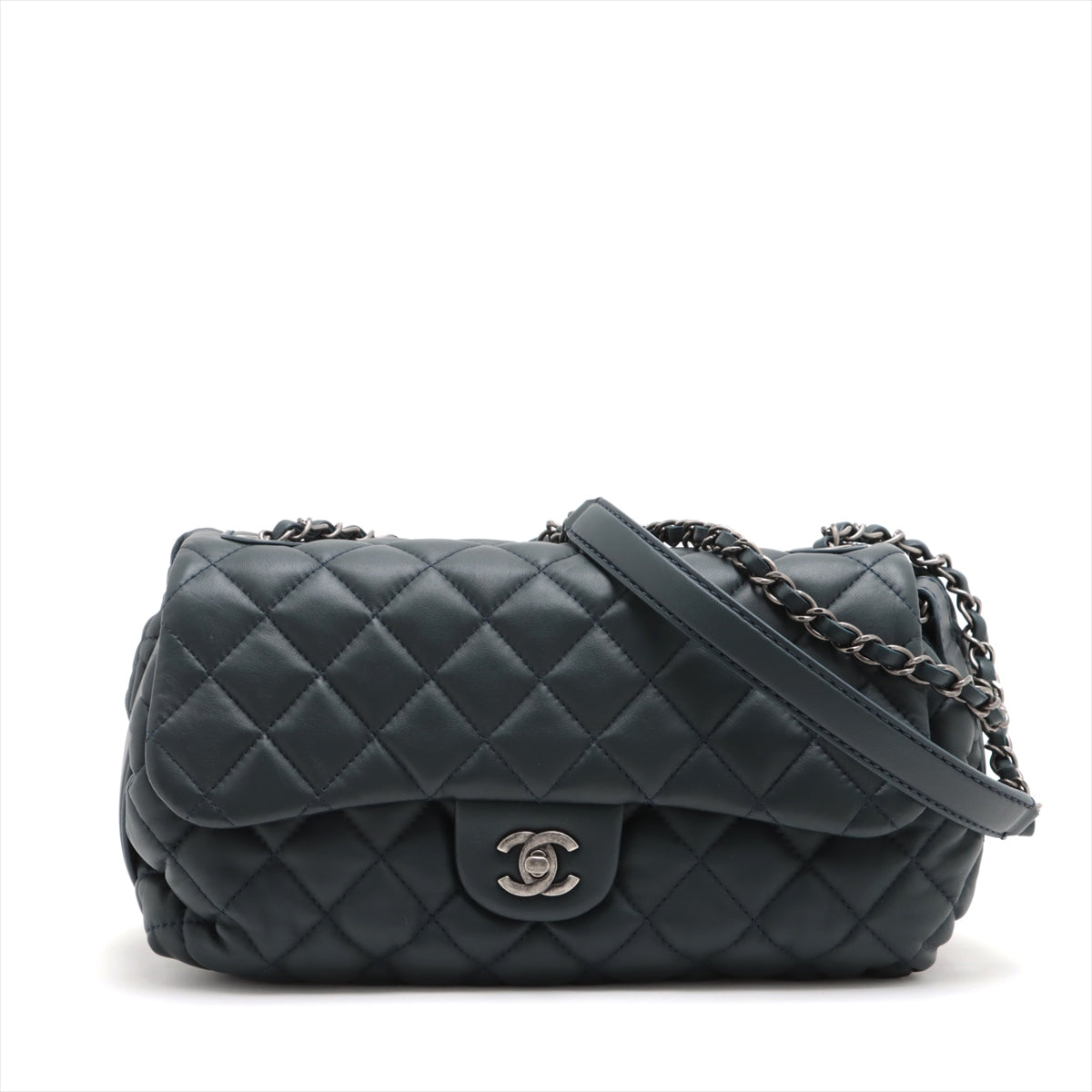 Chanel Matrasse  Single Flap Double Chain Bag Navy Silver  18th