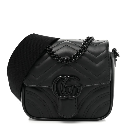 Gucci  Calfskin Matelasse Monochrome Mini GG Marmont Crossbody Shoulder Bag Black