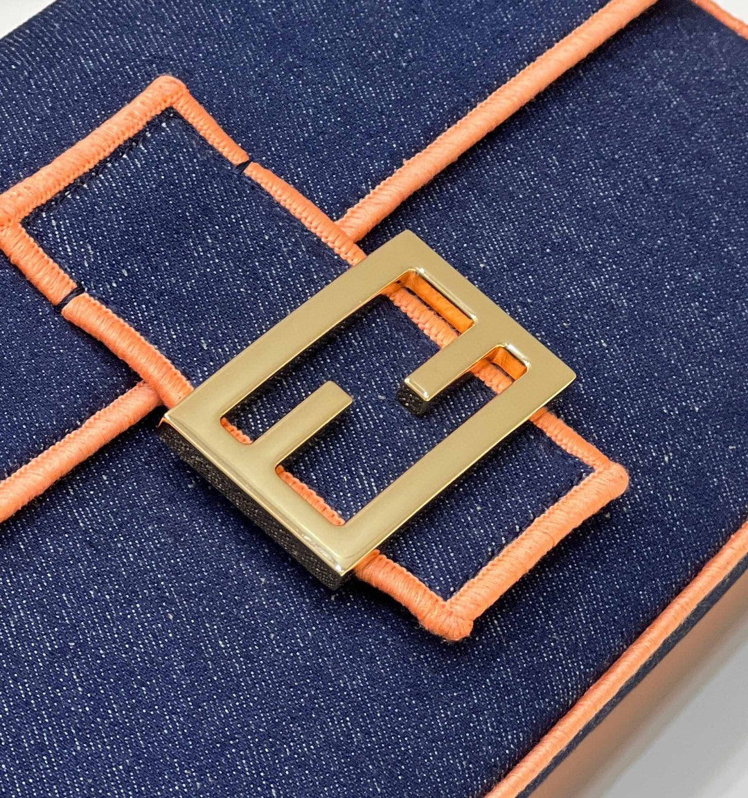 Fendi Baguette Blue Denim Orange Border Bag