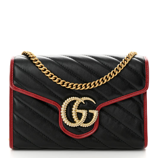 Gucci  Vintage Effect Calfskin Matelasse Diagonal Torchon GG Marmont Chain Wallet Black Romantic Cherry