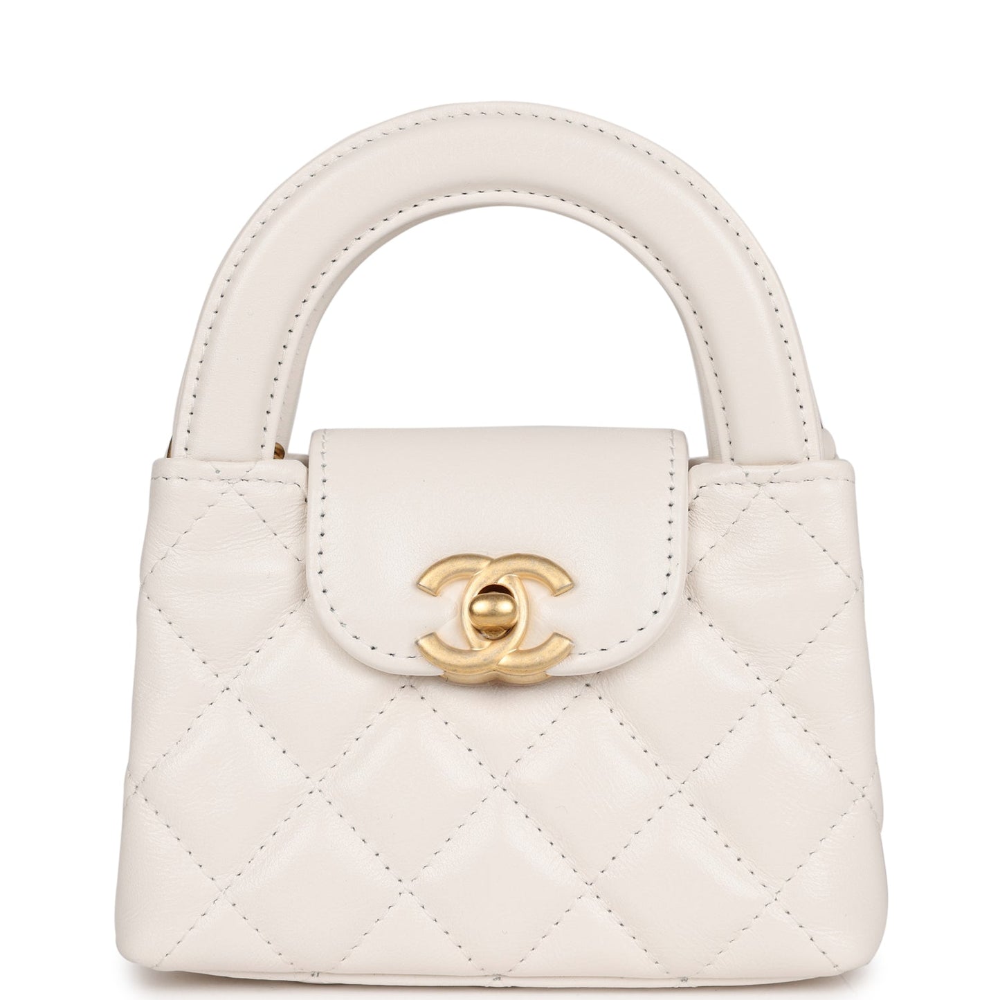 Chanel Nano Kelly Shopper White Shiny Aged Calfskin Brushed Gold Hardware