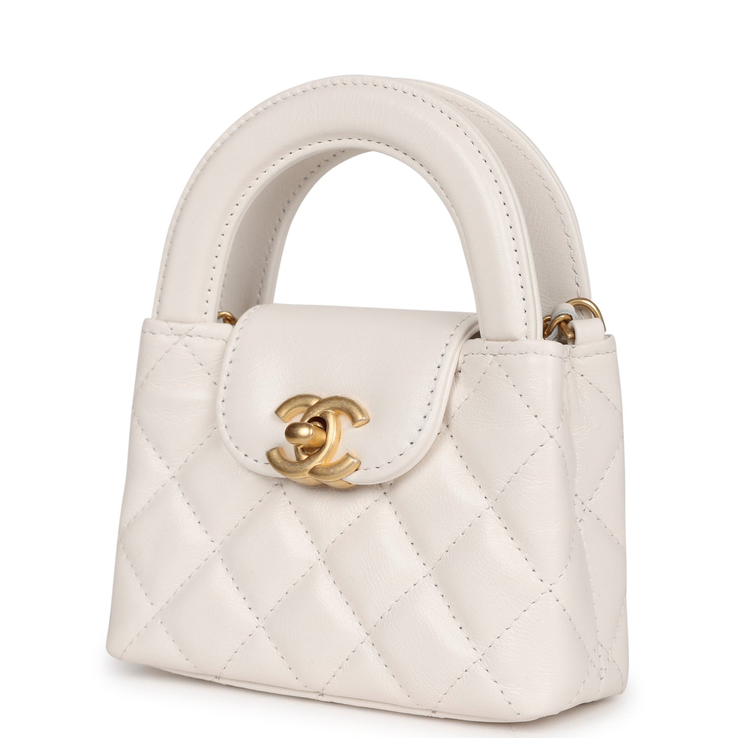 Chanel Nano Kelly Shopper White Shiny Aged Calfskin Brushed Gold Hardware