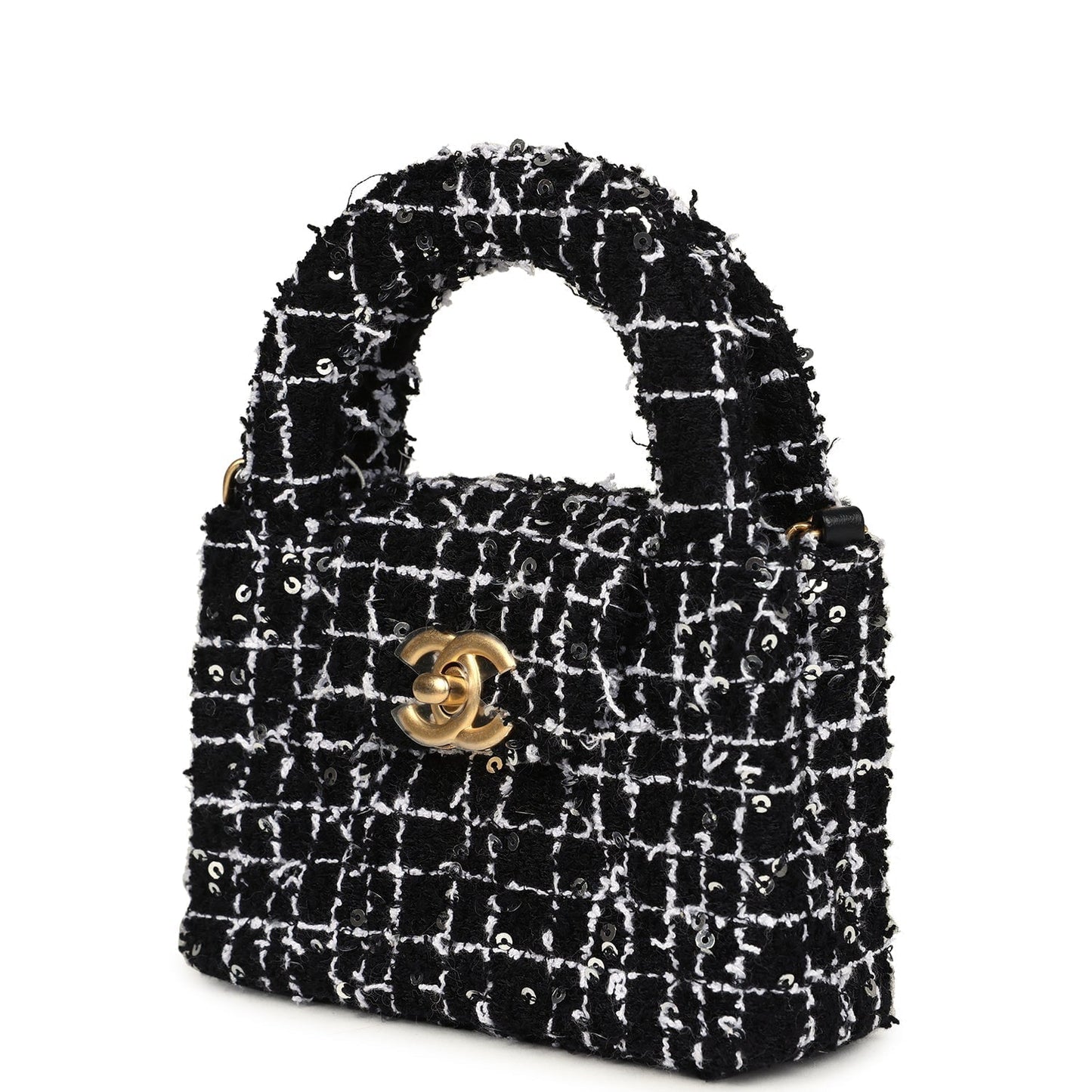 Chanel Nano Kelly Shopper Black, White & Sequin Tweed Brushed Gold Hardware