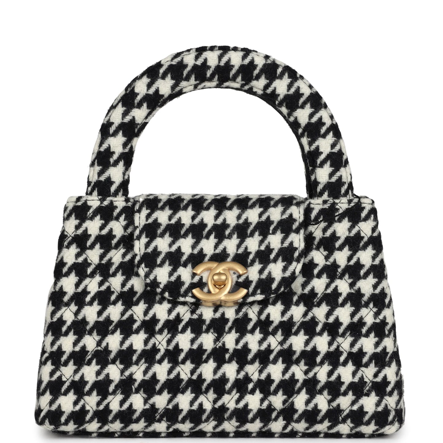 Chanel Small Kelly Shopper Black and White Houndstooth Tweed Brushed Gold Hardware