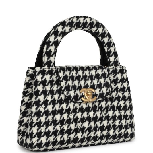 Chanel Small Kelly Shopper Black and White Houndstooth Tweed Brushed Gold Hardware