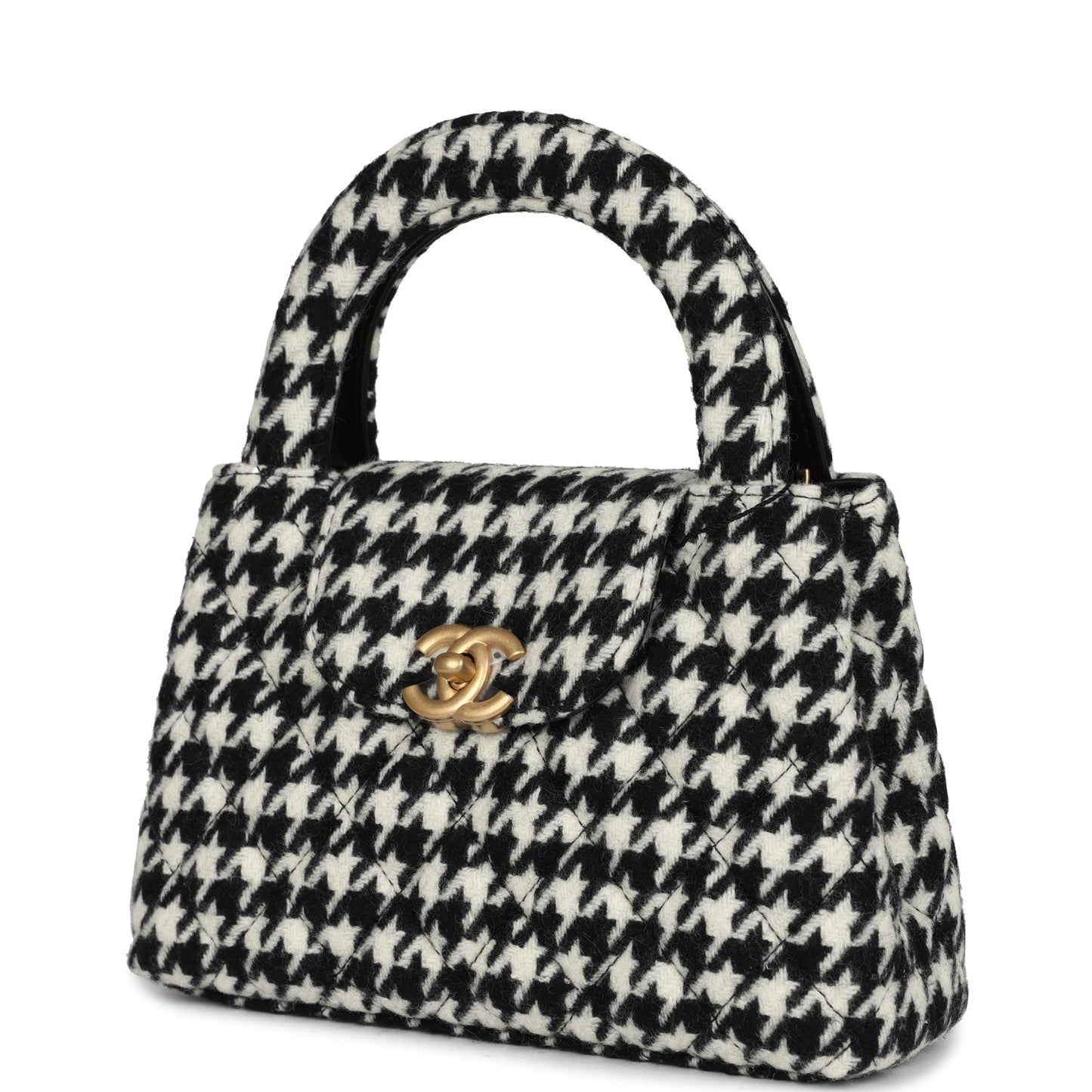 Chanel Small Kelly Shopper Black and White Houndstooth Tweed Brushed Gold Hardware