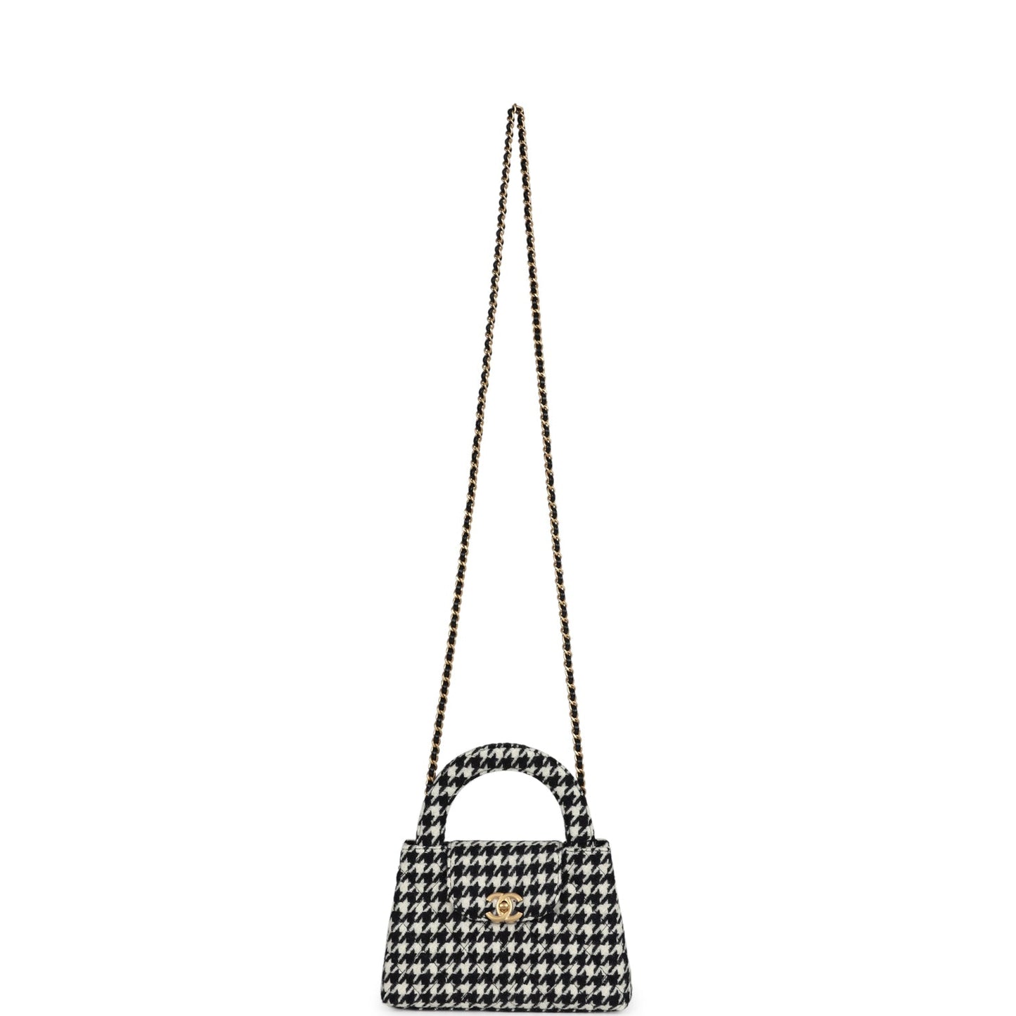 Chanel Small Kelly Shopper Black and White Houndstooth Tweed Brushed Gold Hardware