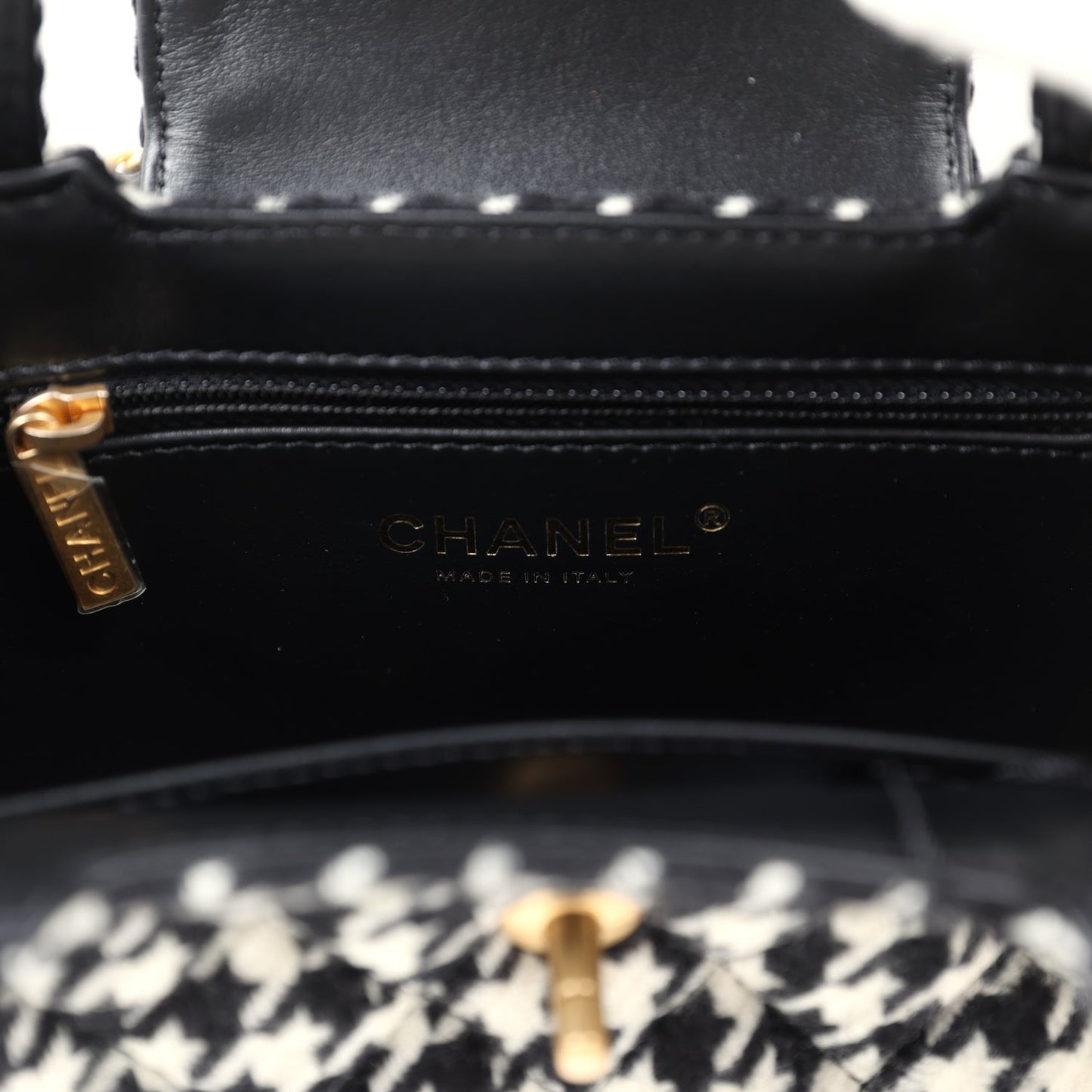 Chanel Small Kelly Shopper Black and White Houndstooth Tweed Brushed Gold Hardware