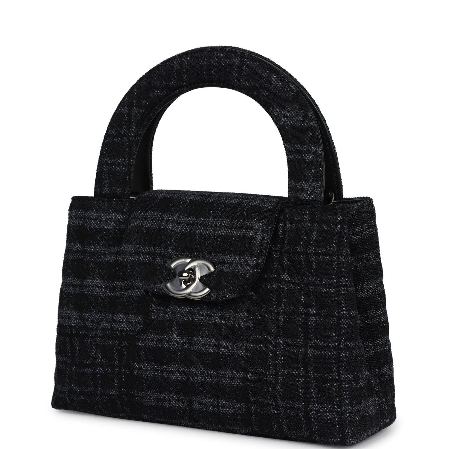 Chanel Small Kelly Shopper Dark Grey and Black Plaid Canvas Ruthenium Hardware