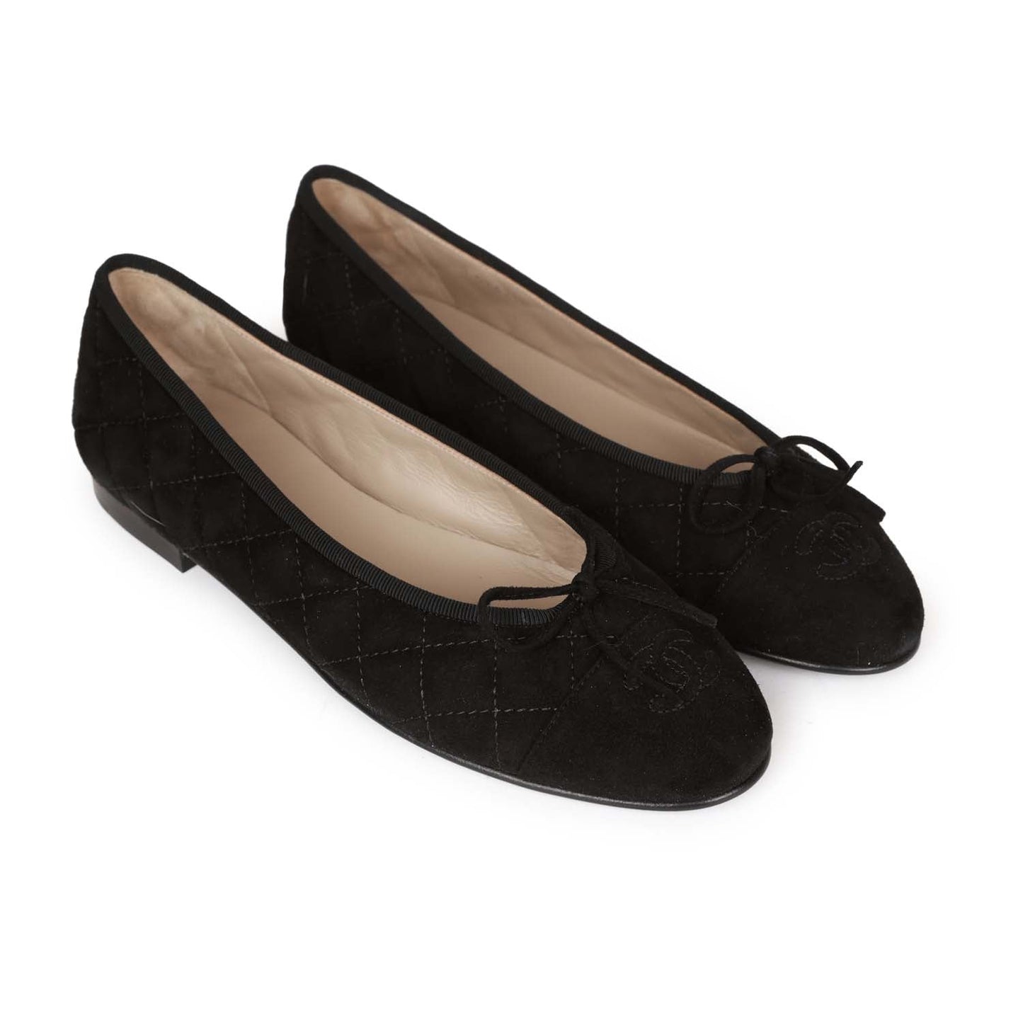 Chanel CC Black Suede Quilted Ballet Flats 39