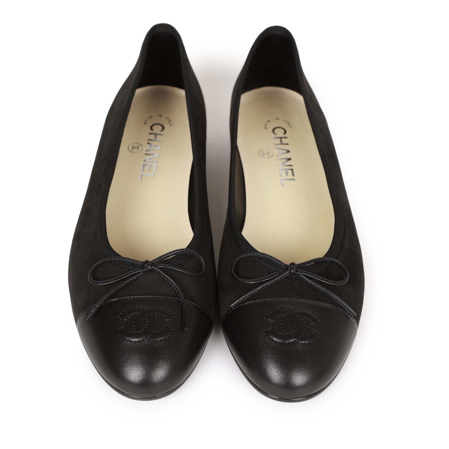 Chanel CC Black Suede and Leather Ballet Flats 39