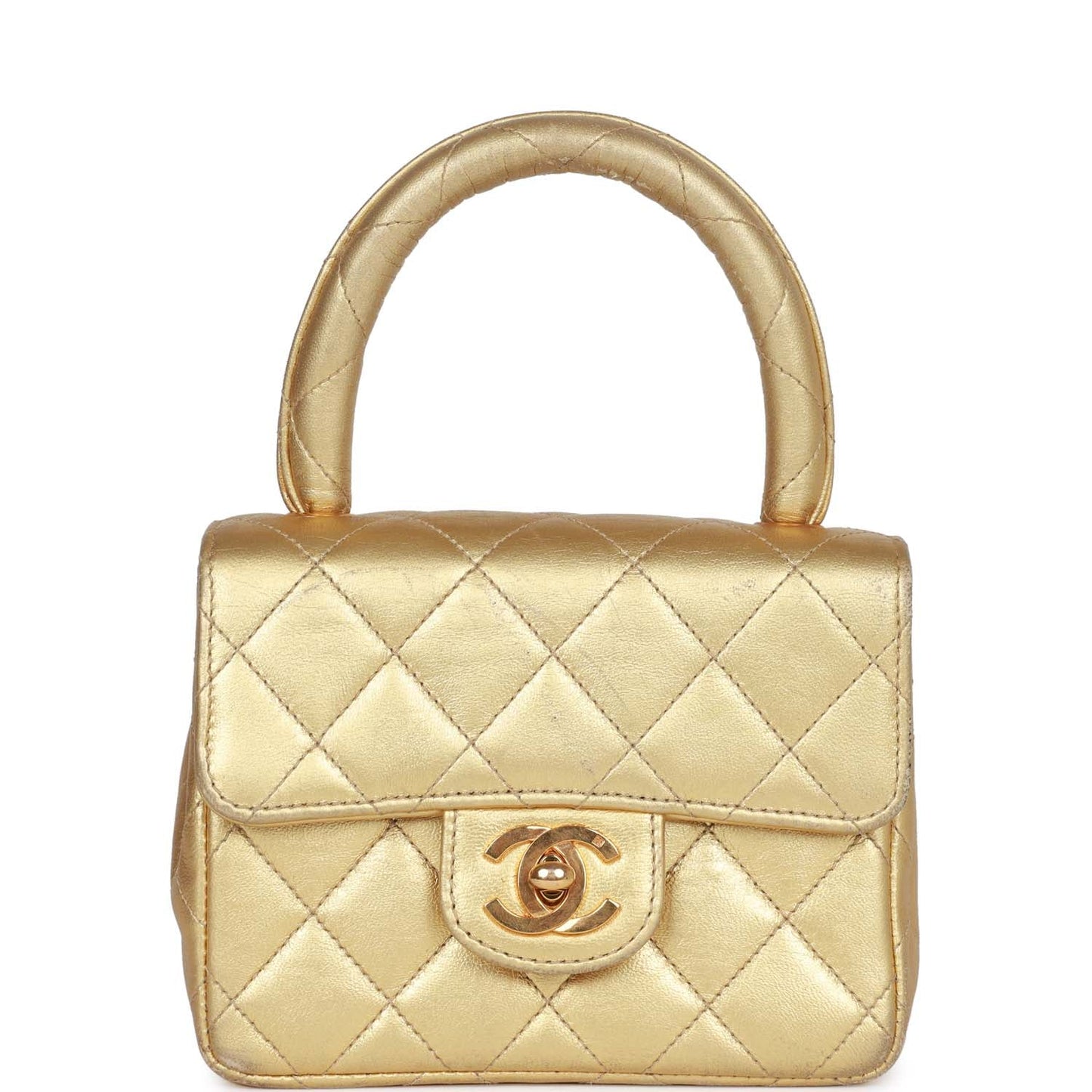 Chanel Vintage Mini Top Handle Kelly Child Flap Bag Gold Metallic Lambskin Gold Hardware