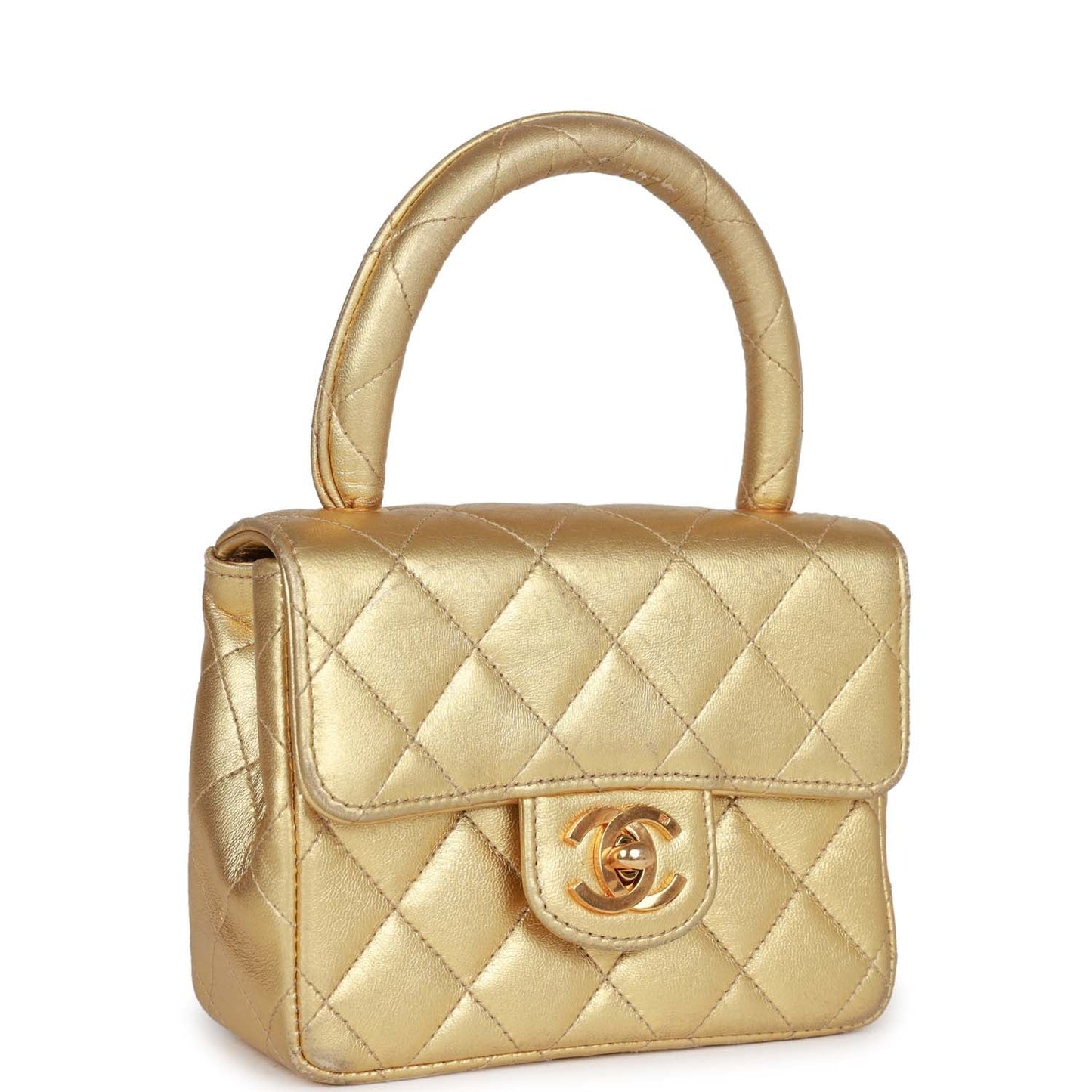 Chanel Vintage Mini Top Handle Kelly Child Flap Bag Gold Metallic Lambskin Gold Hardware