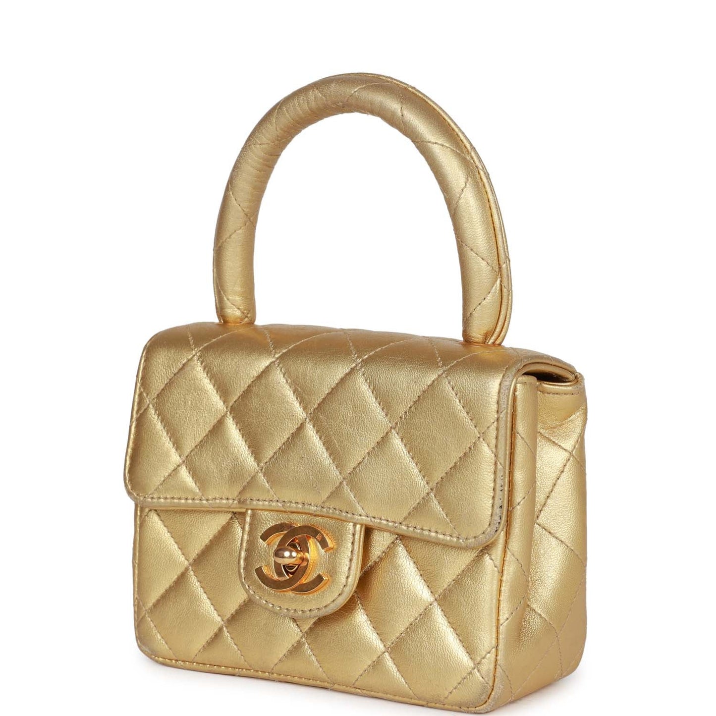 Chanel Vintage Mini Top Handle Kelly Child Flap Bag Gold Metallic Lambskin Gold Hardware