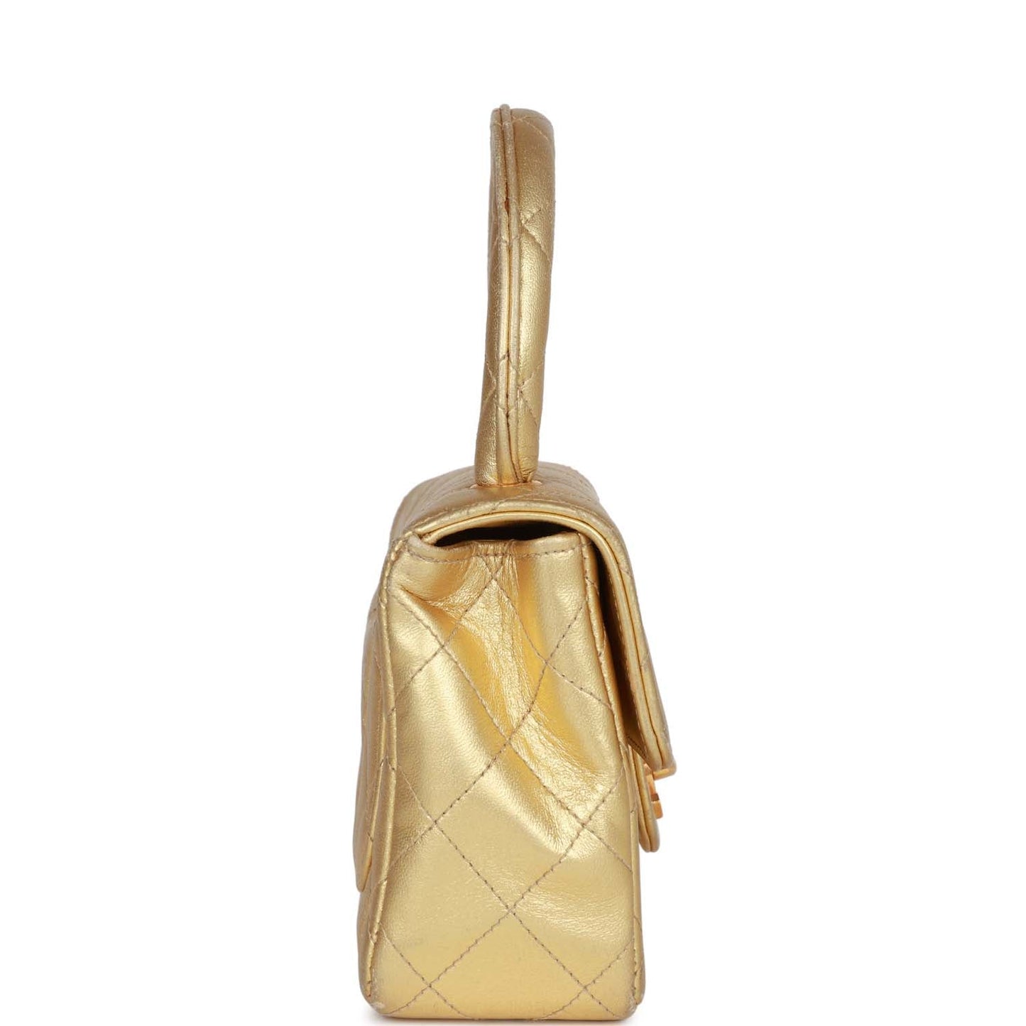 Chanel Vintage Mini Top Handle Kelly Child Flap Bag Gold Metallic Lambskin Gold Hardware