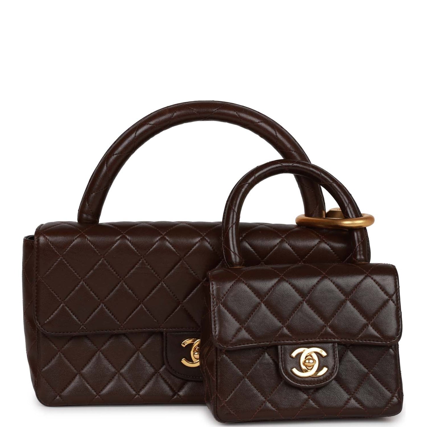 Chanel Vintage Kelly Parent and Child Flap Bag Set Brown Lambskin Gold Hardware