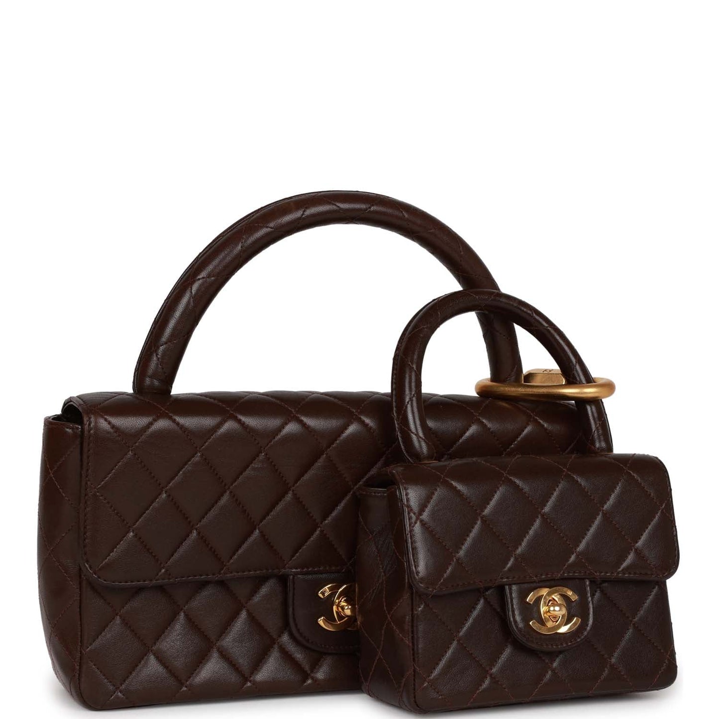 Chanel Vintage Kelly Parent and Child Flap Bag Set Brown Lambskin Gold Hardware