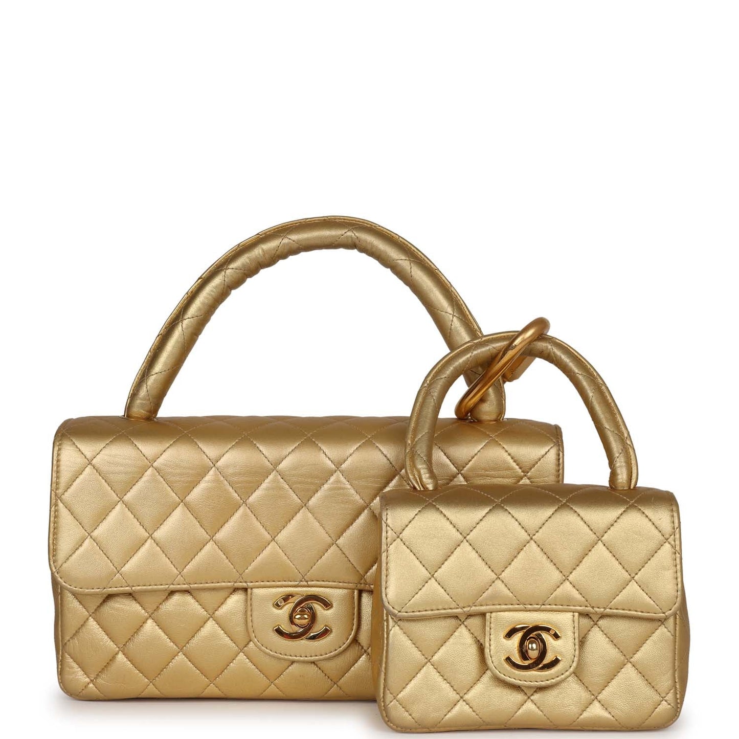 Vintage Chanel Kelly Parent and Child Flap Bag Set Gold Metallic Lambskin Gold Hardware