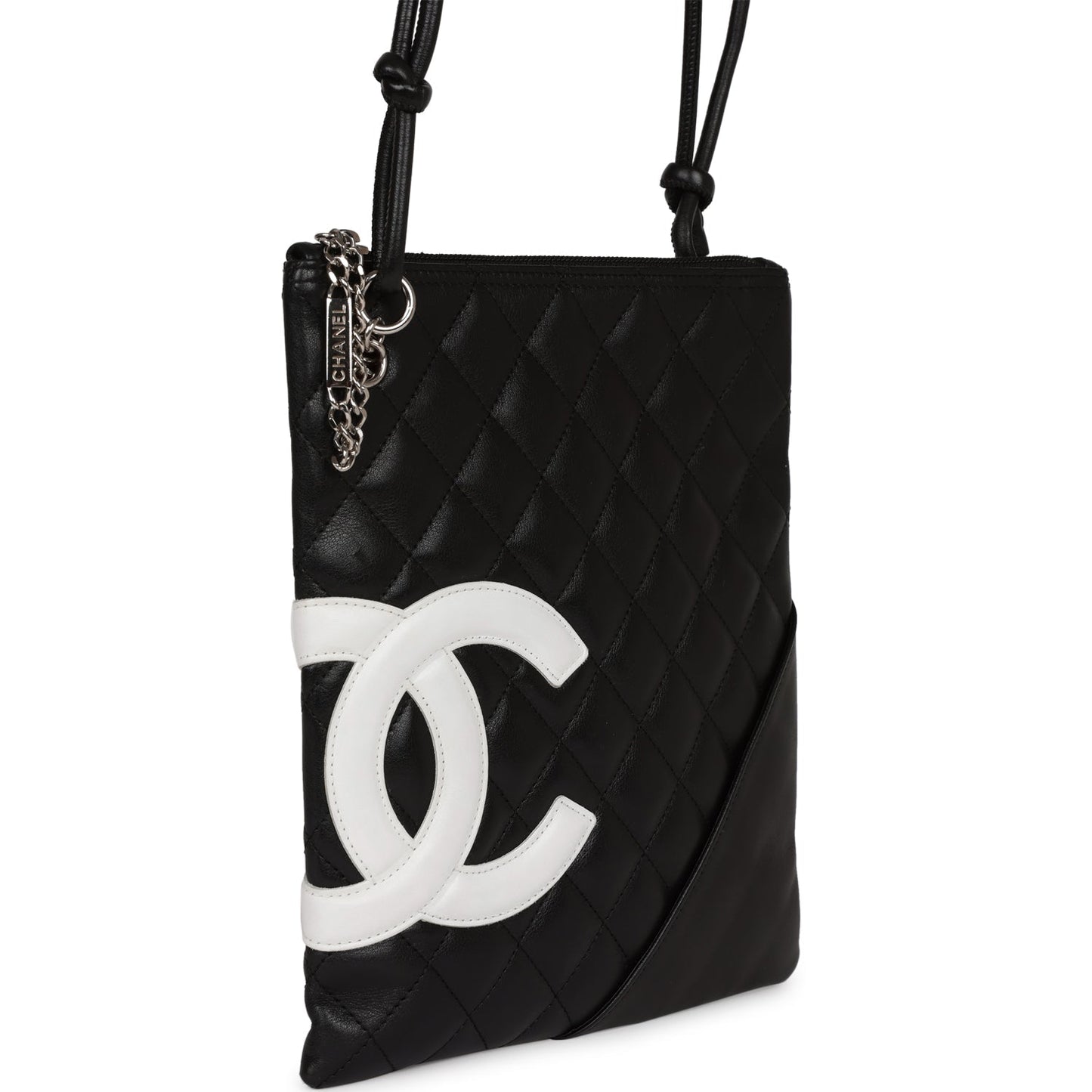 Chanel Vintage Cambon Flat Messenger Black and White Lambskin Silver Hardware