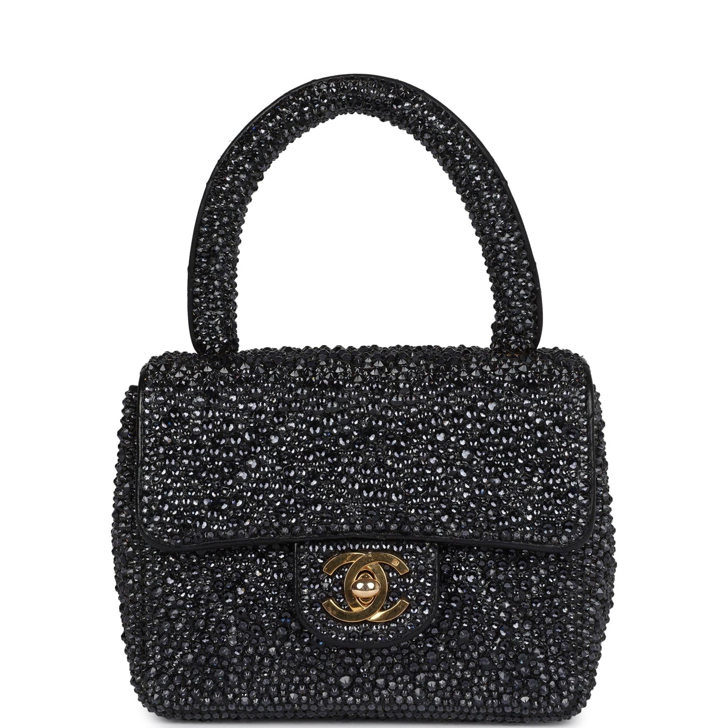 Custom Black Swarovski Crystal Chanel Vintage Mini Kelly Flap Bag Black Lambskin Gold Hardware