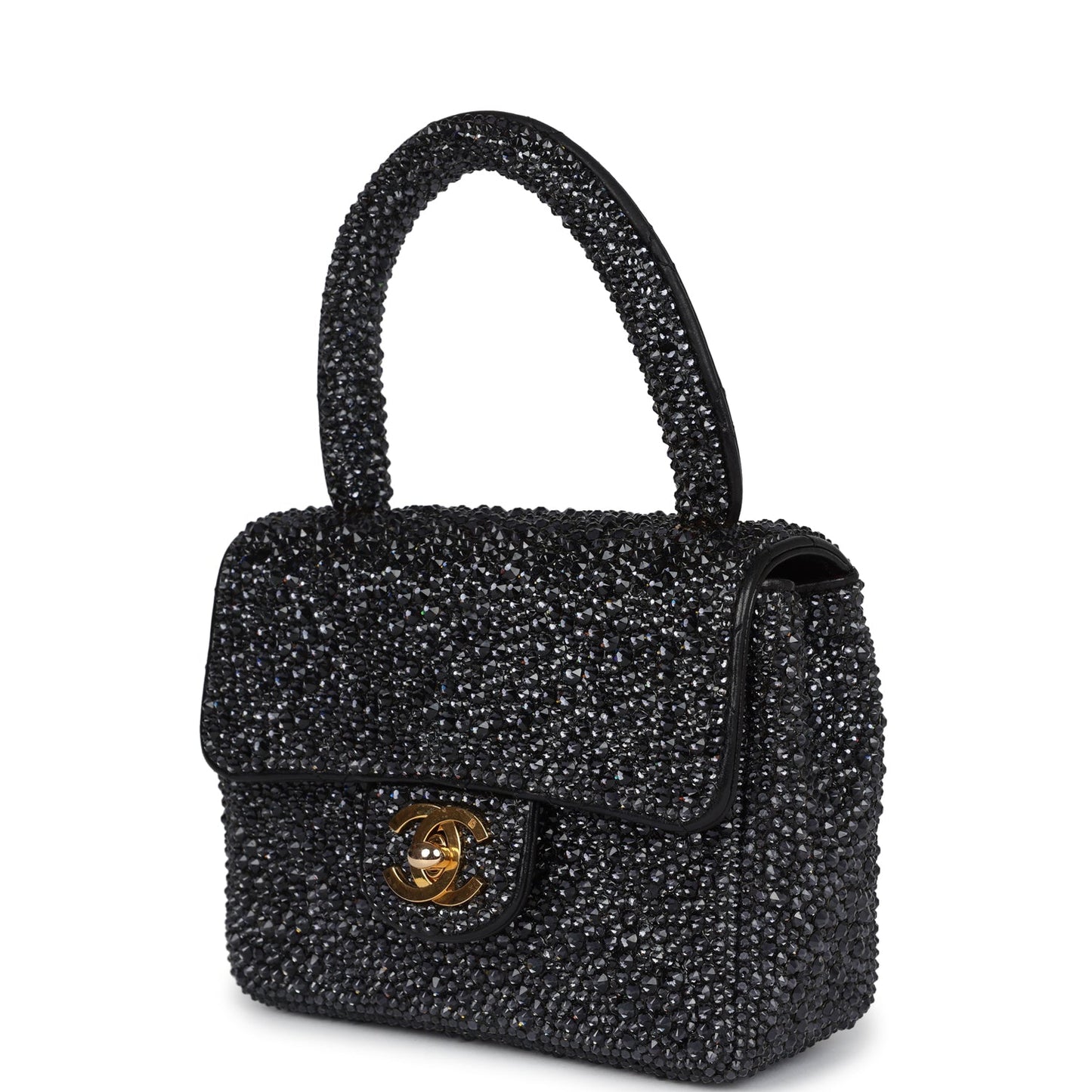 Custom Black Swarovski Crystal Chanel Vintage Mini Kelly Flap Bag Black Lambskin Gold Hardware