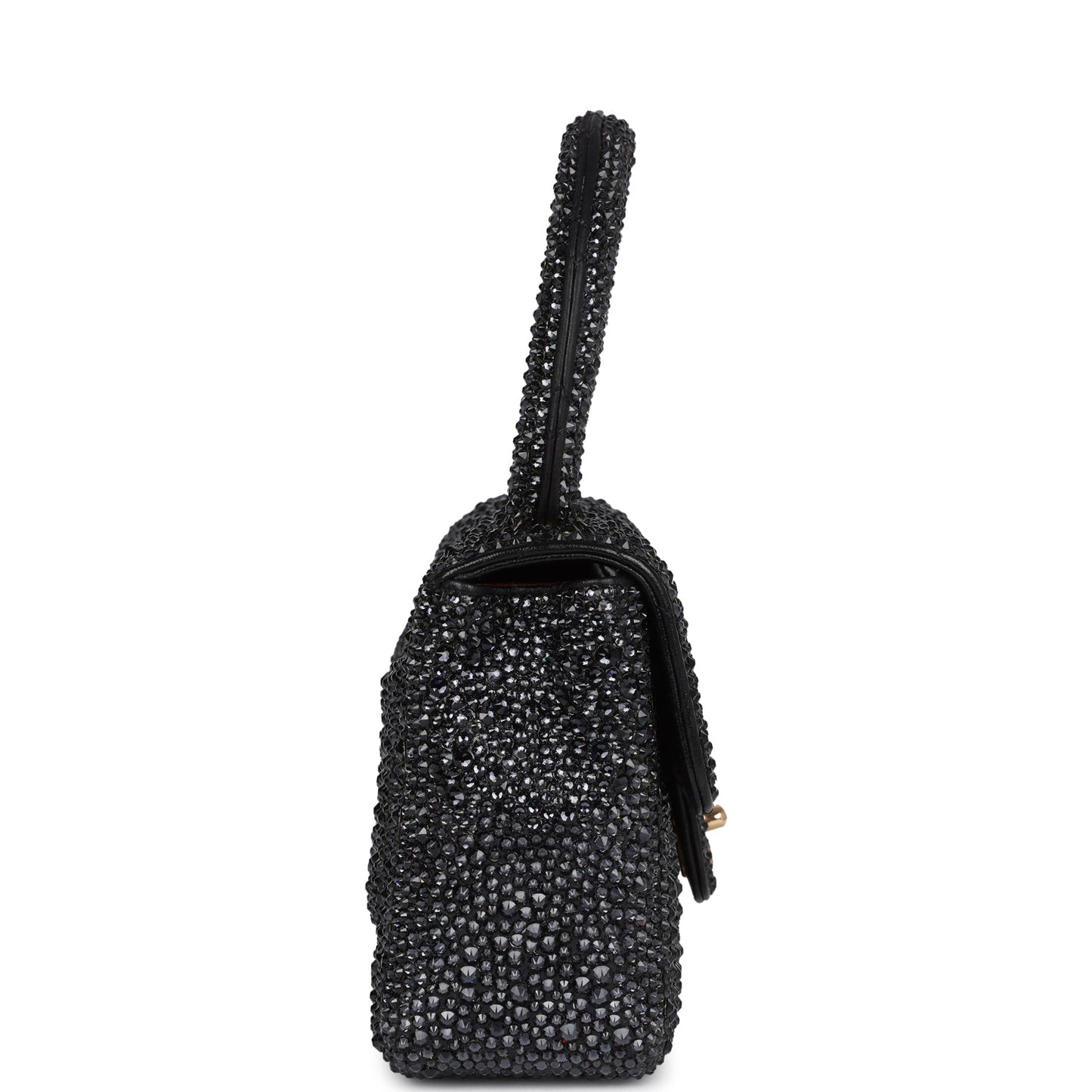 Custom Black Swarovski Crystal Chanel Vintage Mini Kelly Flap Bag Black Lambskin Gold Hardware