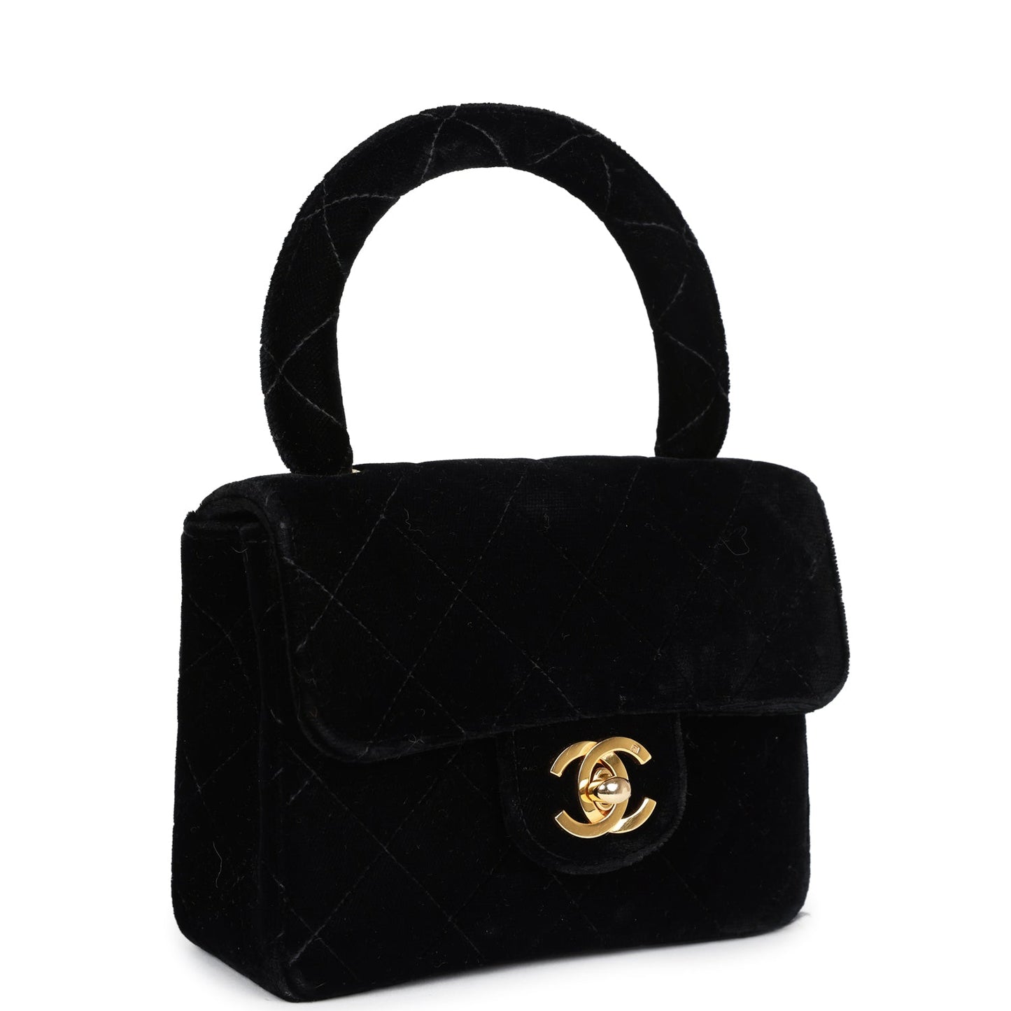 Chanel Vintage Micro Kelly Child Flap Bag Black Velvet Gold Hardware