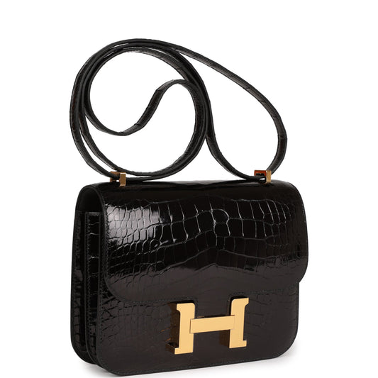 Hermes Constance 18 Black Shiny Alligator Gold Hardware