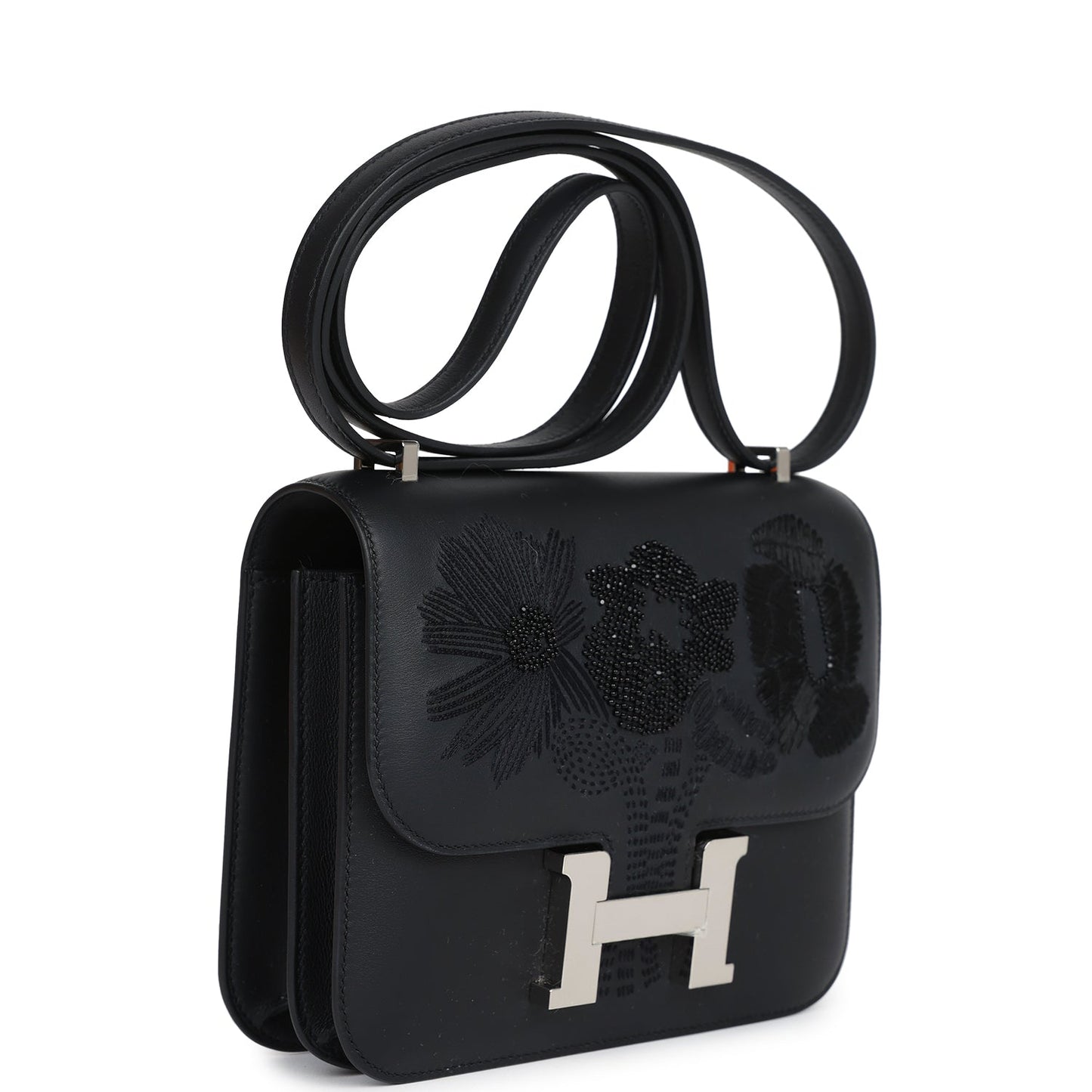 Hermes Constance 18 "Dancing Flowers" Black Embroidered Swift Palladium Hardware