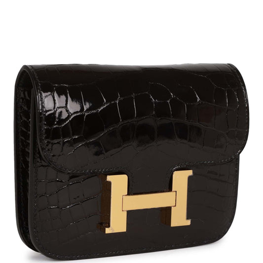 Hermes Constance Slim Wallet Shiny Black Alligator Gold Hardware