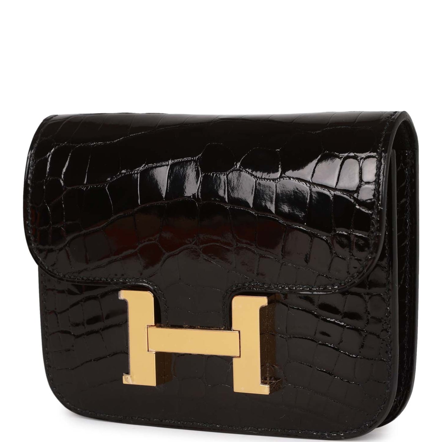 Hermes Constance Slim Wallet Shiny Black Alligator Gold Hardware