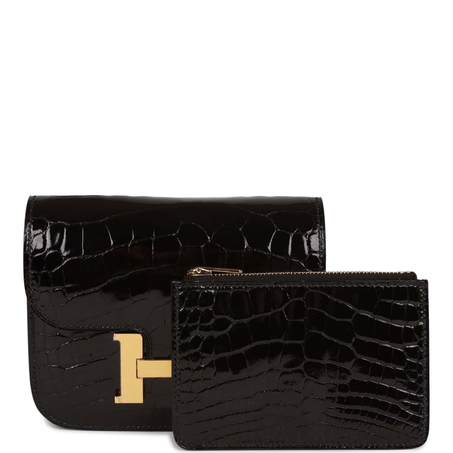 Hermes Constance Slim Wallet Shiny Black Alligator Gold Hardware