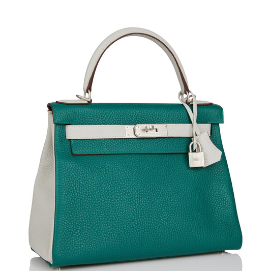 Hermes Kelly Retourne 28 Malachite and Gris Perle Clemence Brushed Palladium Hardware