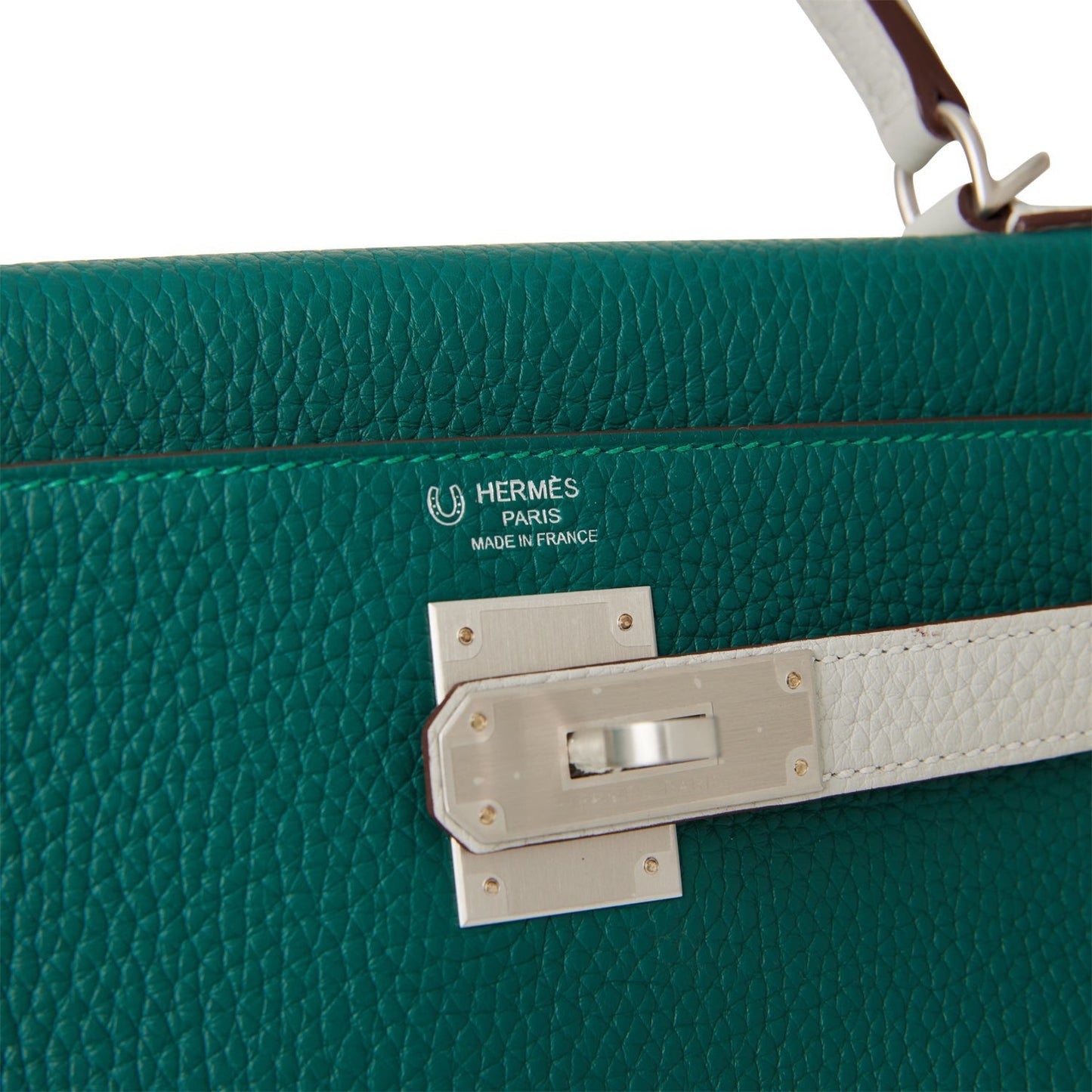 Hermes Kelly Retourne 28 Malachite and Gris Perle Clemence Brushed Palladium Hardware