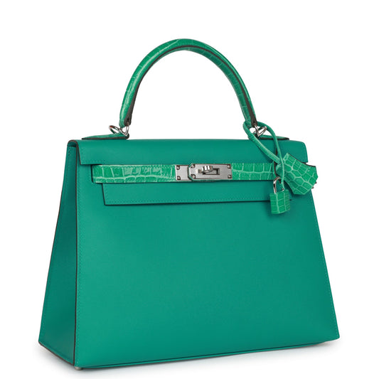 Hermes Kelly Sellier 28 Vert Verone Madame and Shiny Niloticus Crocodile Touch Palladium Hardware