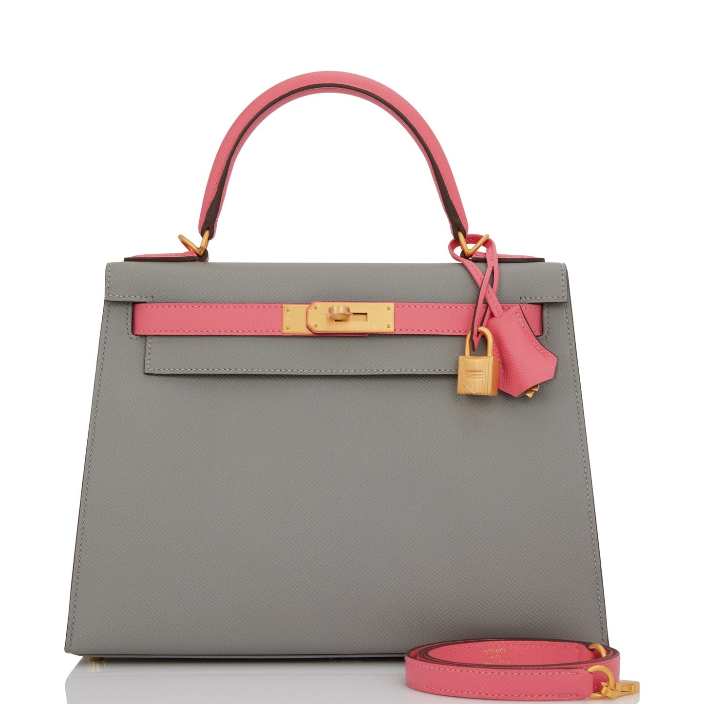 Hermes Kelly Sellier 28 Gris Mouette and Rose Azalee Epsom Brushed Gold Hardware