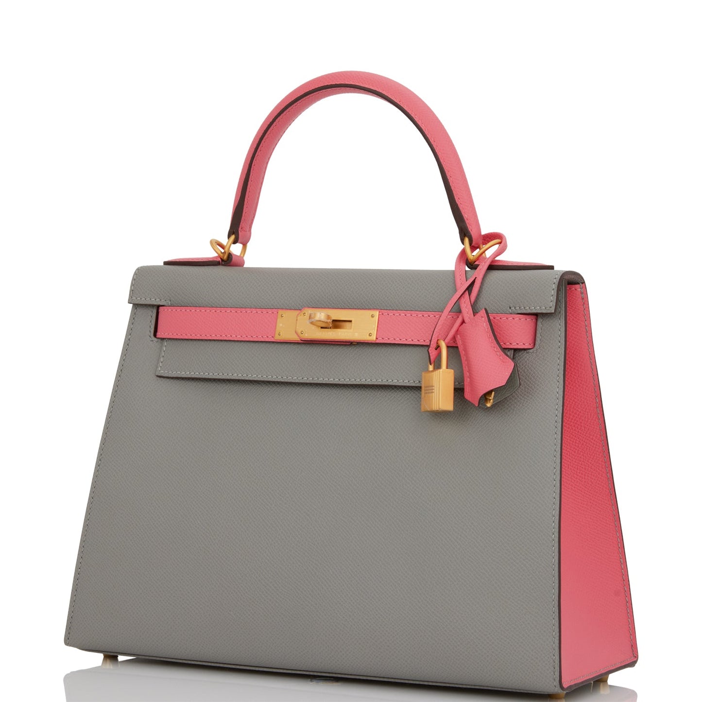 Hermes Kelly Sellier 28 Gris Mouette and Rose Azalee Epsom Brushed Gold Hardware