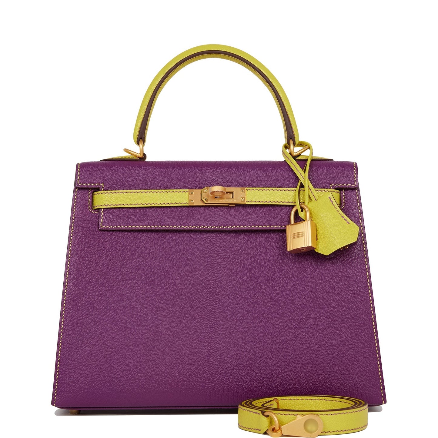 Hermes Kelly Sellier 25 Anemone and Lime Chevre Brushed Gold Hardware