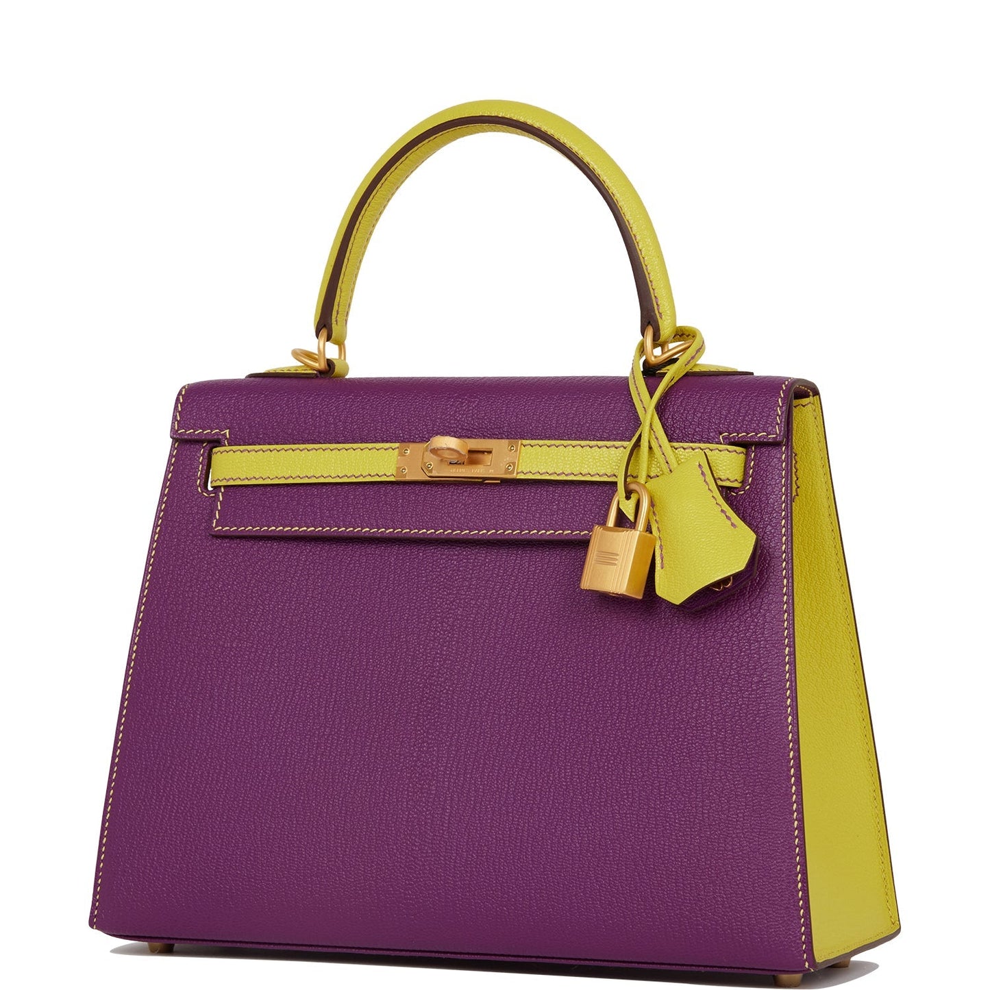 Hermes Kelly Sellier 25 Anemone and Lime Chevre Brushed Gold Hardware