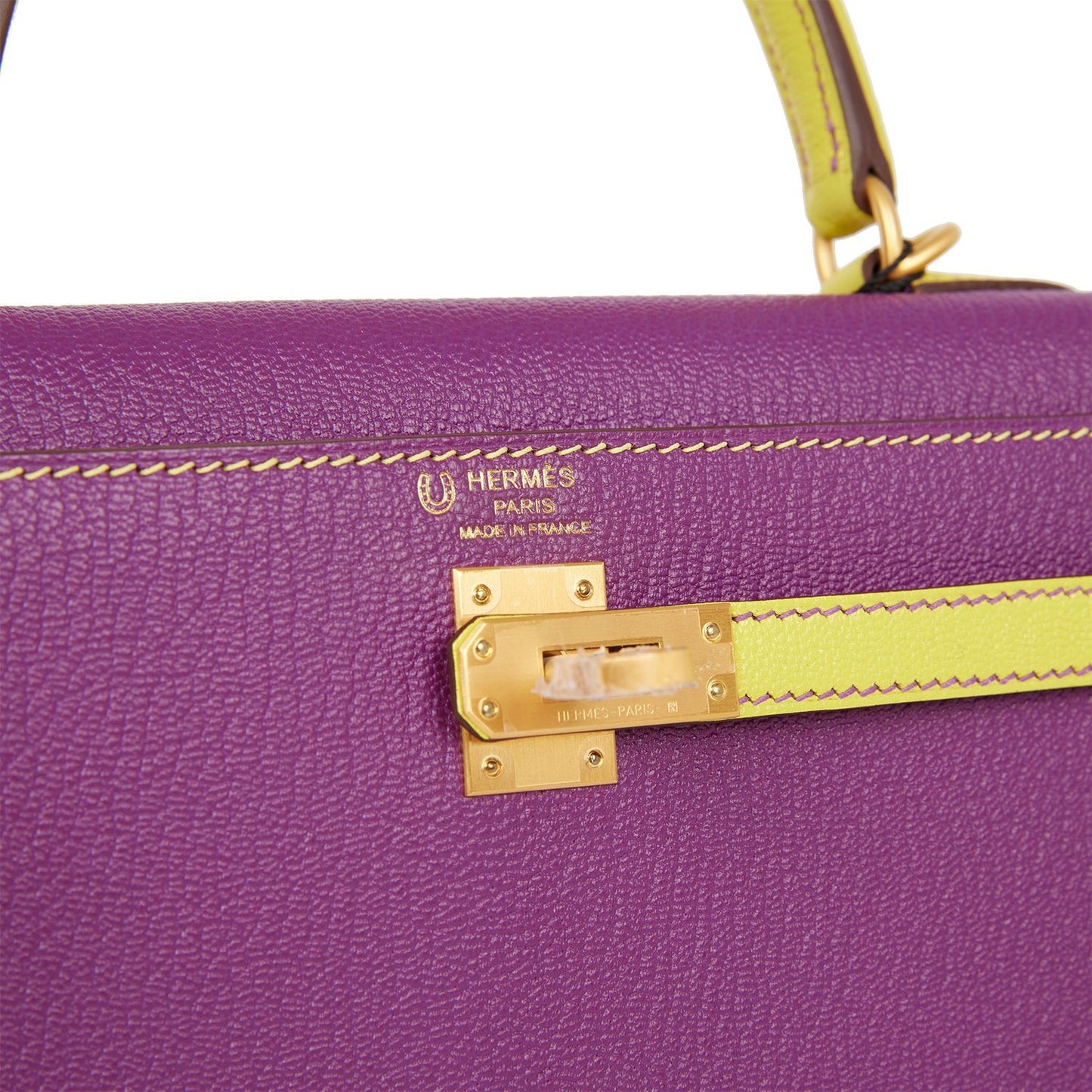 Hermes Kelly Sellier 25 Anemone and Lime Chevre Brushed Gold Hardware